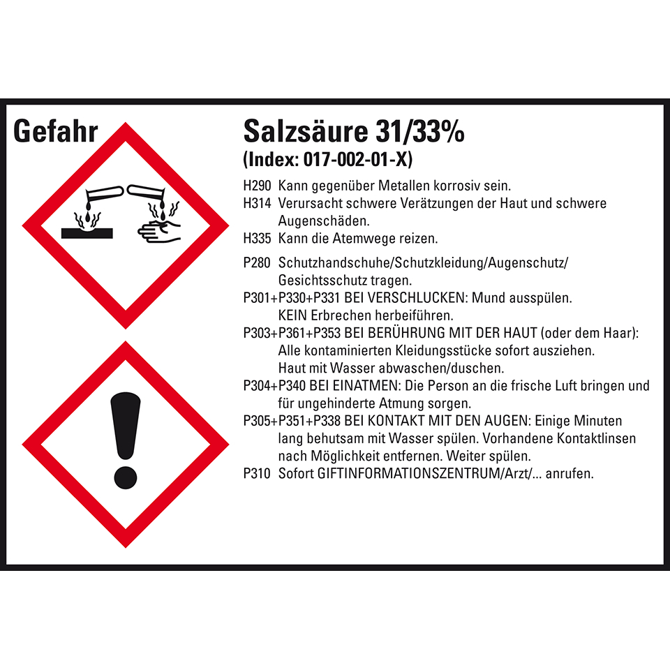 Aufkleber GHS-Etikett Salzsäure 31/33% GefStoffV/GHS/CLP Folie